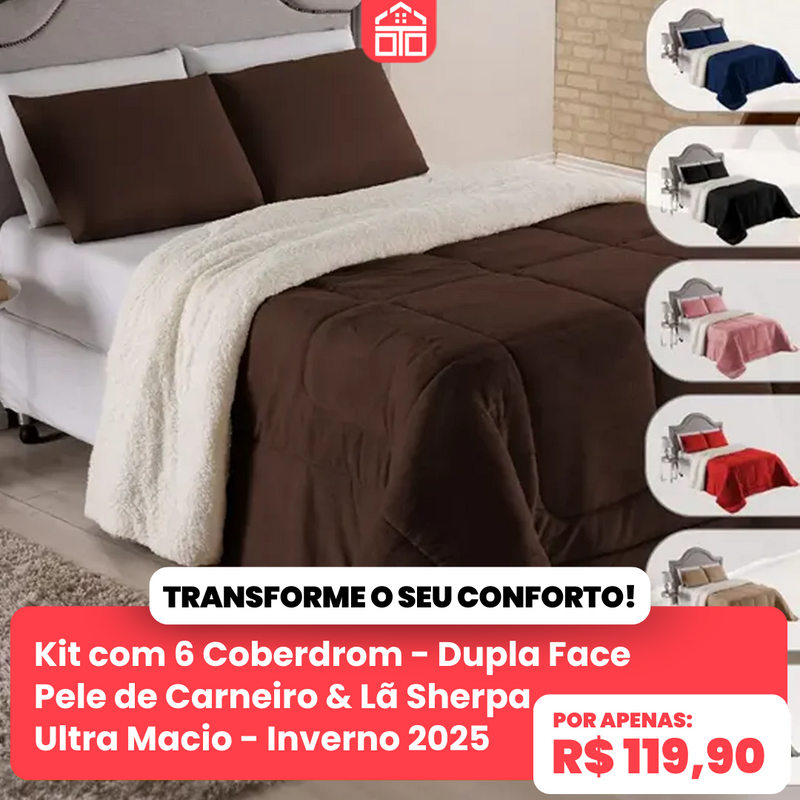Kit com 6 Coberdrom – Dupla Face Pele de Carneiro & Lã Sherpa Ultra Macio - Inverno 2025