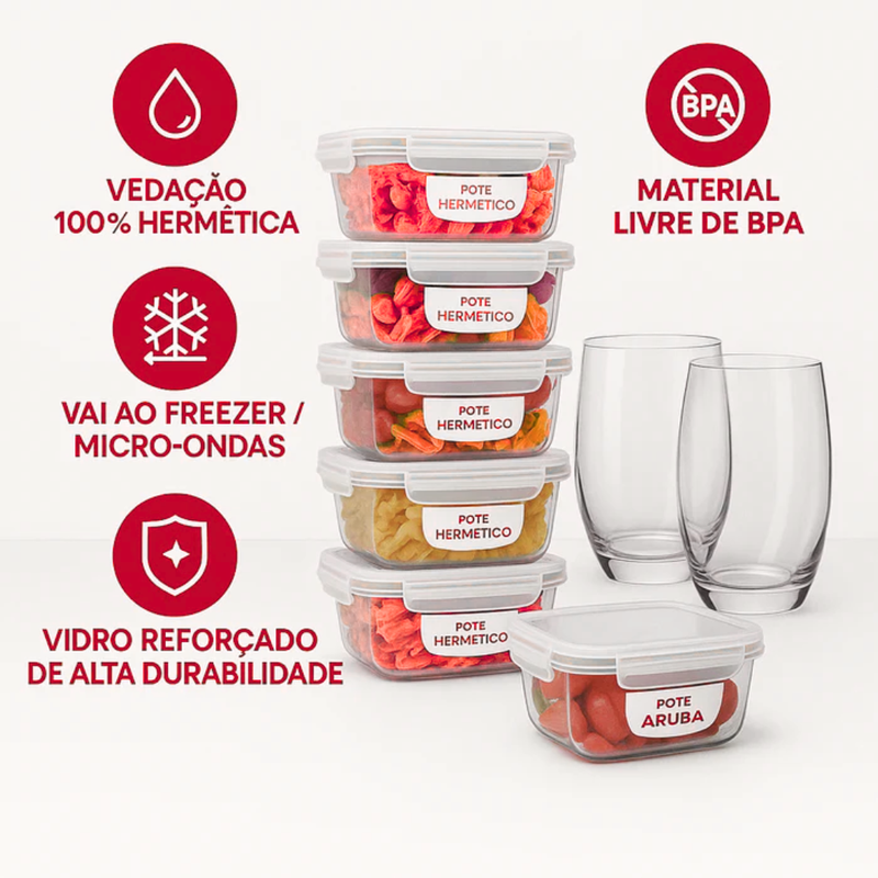 Kit 15 Potes Herméticos de Vidro + 10 Copos de Vidro Aruba de Brinde