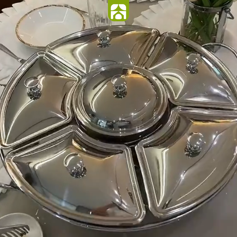 Rechaud Giratório Com 6 Compartimentos Aço Inox e Vidro 52cm