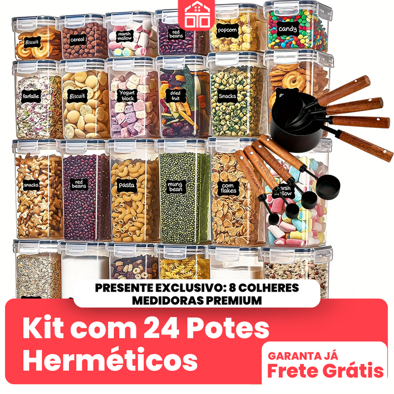 Kit com 24 Potes Herméticos + Presente Exclusivo: 8 Colheres Medidoras Premium