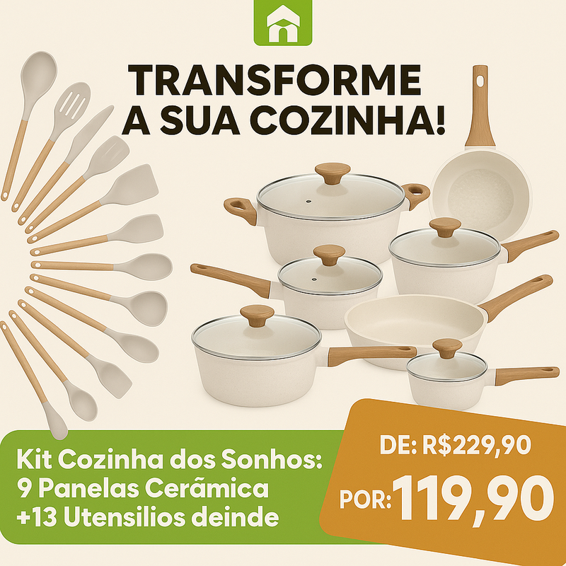 Kit Cozinha dos Sonhos: 9 Panelas Ceramica + 13 Utensílios de Brinde